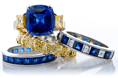 Cushion Cut Sapphire and Fancy Yellow Trapeziod Engagement Ring w/ Bands