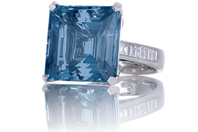 Emerald Cut Aquamarine Bezel Set Princess Cut Shank Cocktail Ring