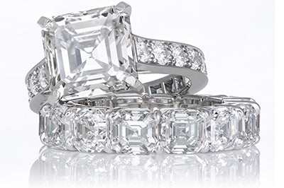 Emerald Cut Solitaire with Diamond Shank and Matching Asscher Cut Band