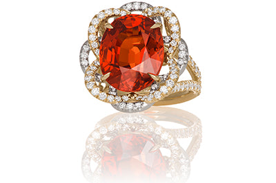 Mandarin Garnet with Diamond Flower Halo Ring