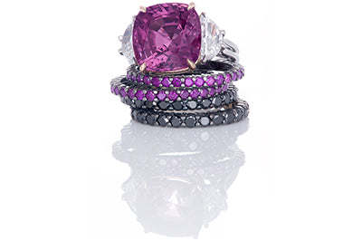 Purple Sapphire and Half Moon Diamond Engagement Ring with Bands