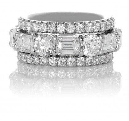 Round and Emerald Cut Diamond Wedding Band with Matching Guards