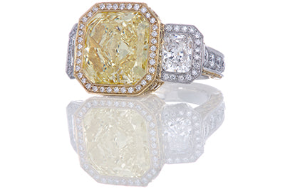 9 Carat Fancy Intense Yellow Cushion Cut Diamond Engagement Ring w/ Halo