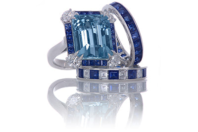 Art Deco Inspired Aquamarine, Sapphire and Diamond Ring with Matching Bands