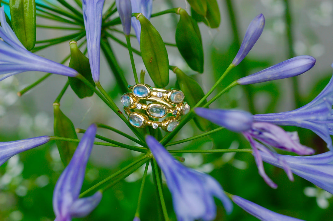 Rainbow Moonstone and Diamond Ring