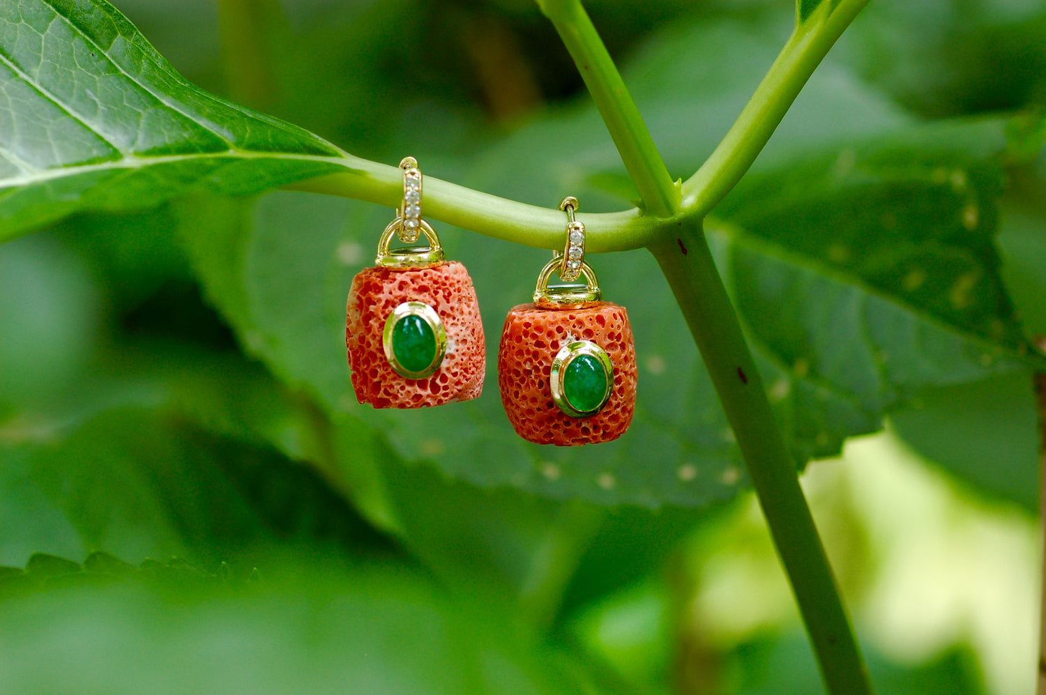 Sponge Coral and Emerald Charm Earrings