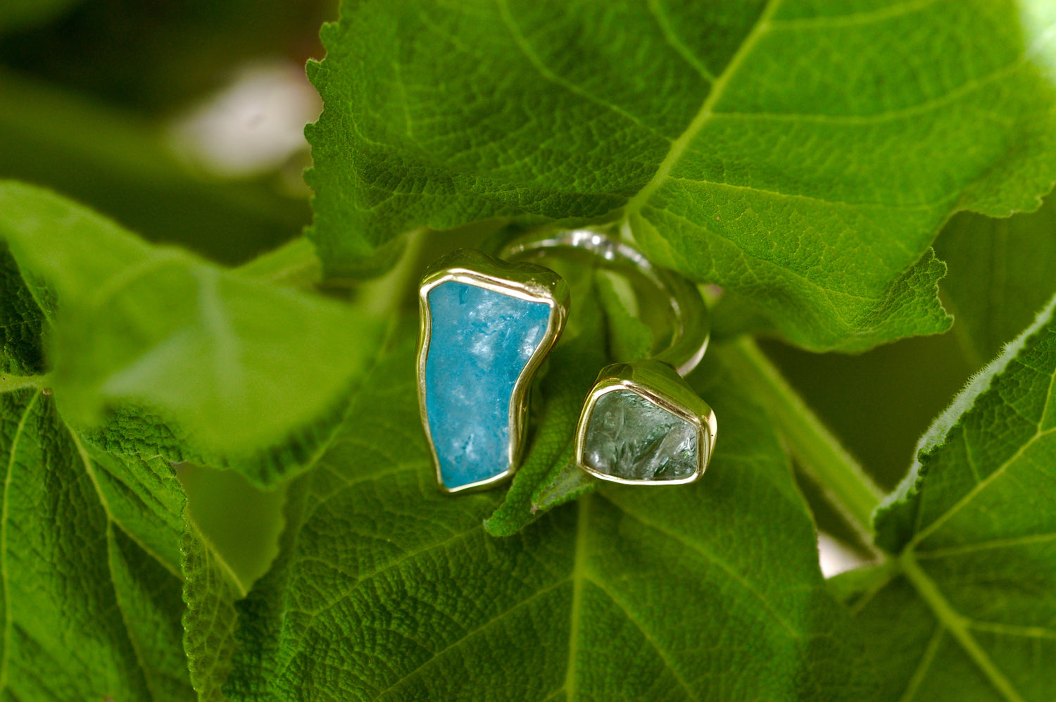 Natural Aquamarine and Green Amethyst Ring