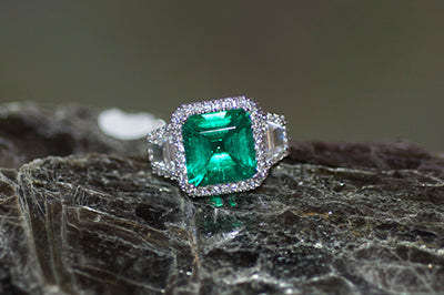 Emerald and Diamond Trapezoid Engagement Ring w/Halo Style