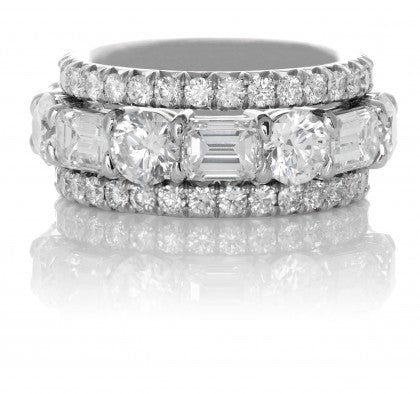 Round and Emerald Cut Diamond Wedding Band with Matching Guards